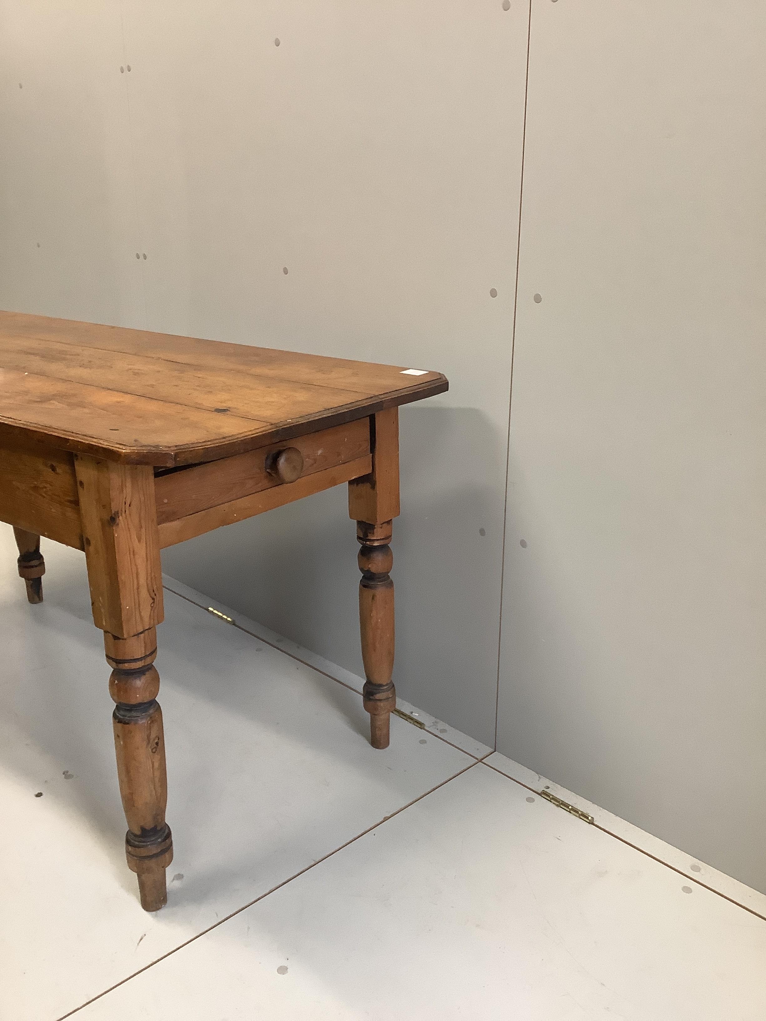 A Victorian pine and mahogany centre table, width 143cm, depth 67cm, height 76cm